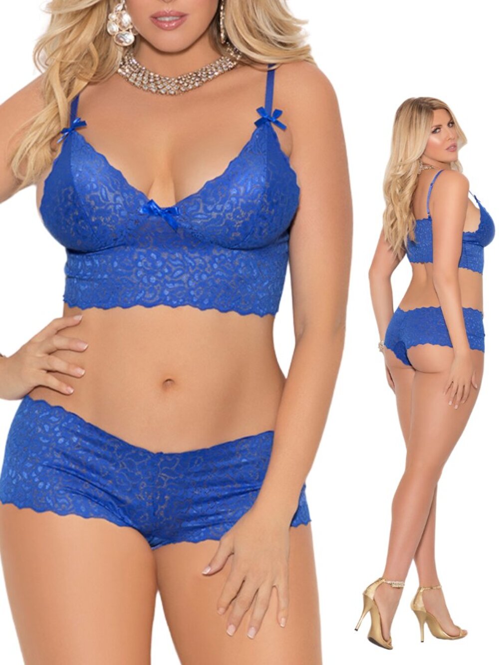 Plus Size Royal Blue Lace Cami Booty Shorts Lingerie Set 3X